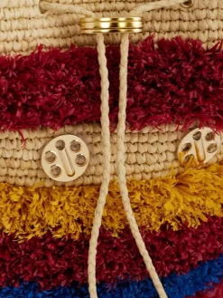 Borsa a secchiello in rafia con frange a righe Rabanne