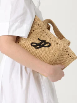 Borsa Patou in rafia crochet con logo ricamato