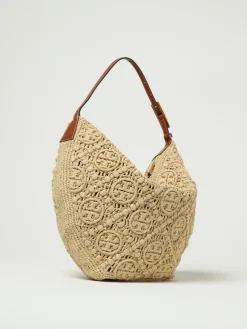 Borsa T Monogram Tory Burch in rafia crochet