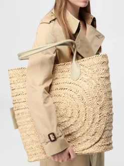 Borsa Tote Burberry in rafia crochet e pelle a grana