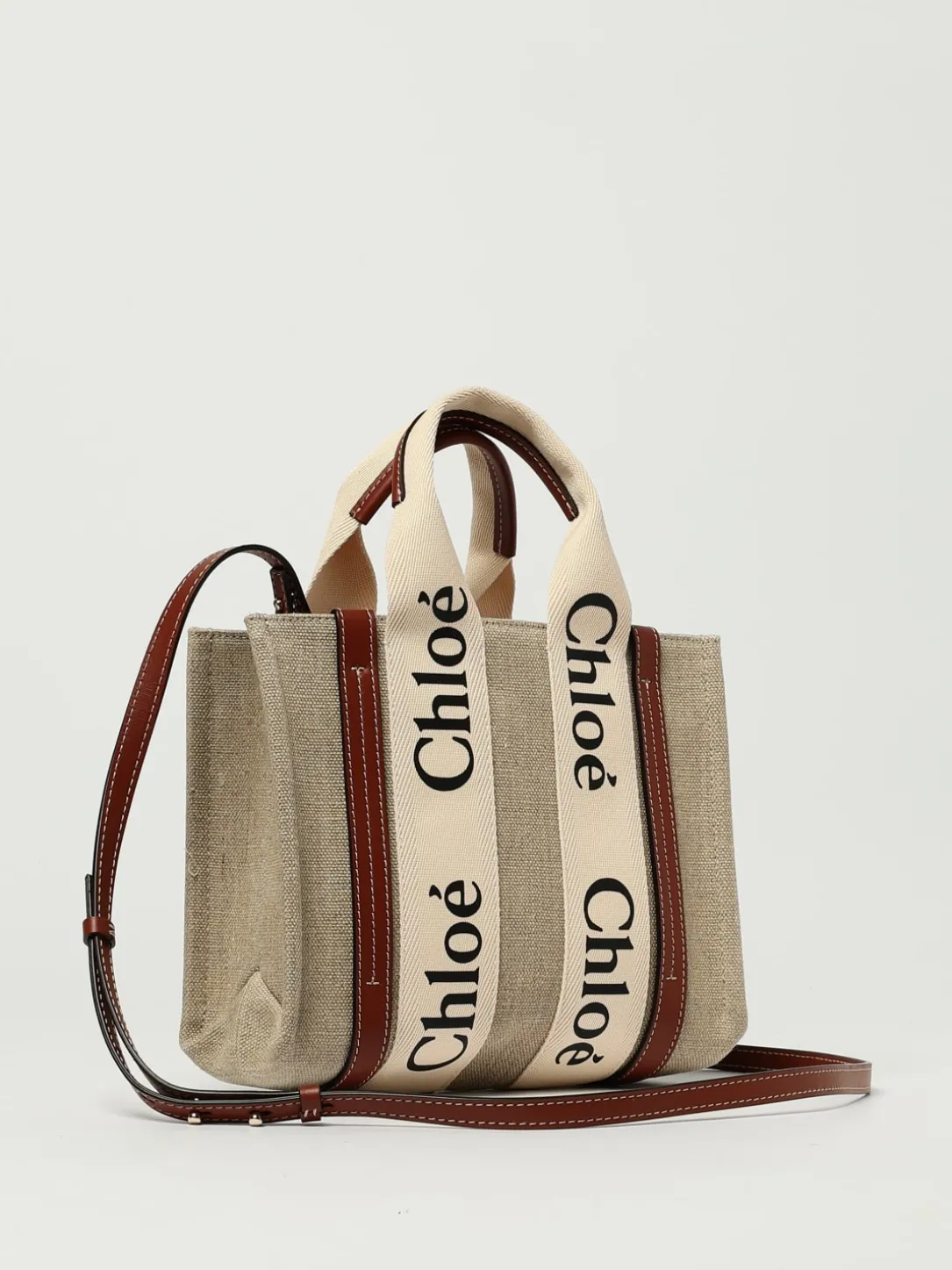 Borsa Woody Small Chloé in canvas di lino