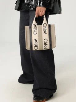 Borsa Woody Small Chloé in canvas di lino