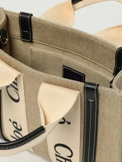 Borsa Woody Small Chloé in canvas di lino