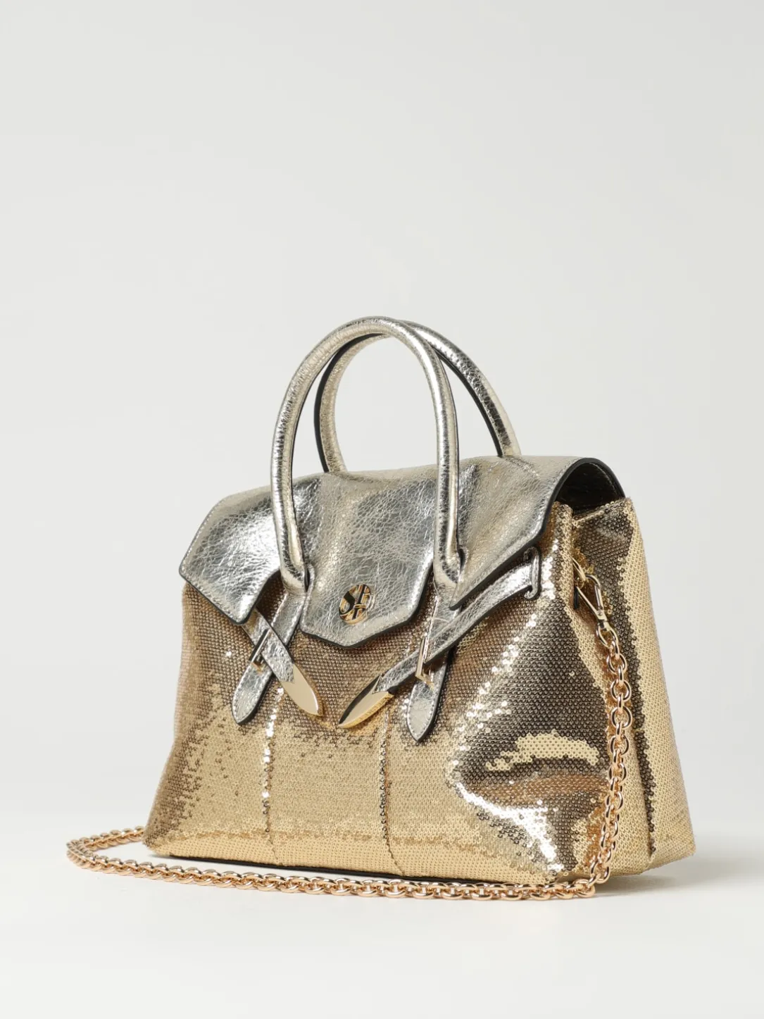 Borsa Yalis Sparklink Medium Secret Pon-Pon in nappa sintetica laminata e paillettes