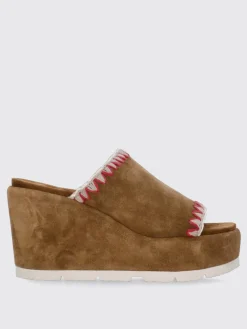 Sandalo con zeppa Mou in camoscio con cuciture all'uncinetto