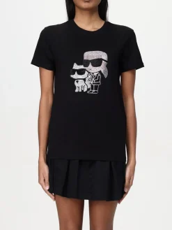 T-shirt in cotone con Gatto Karl di strass Karl Lagerfeld